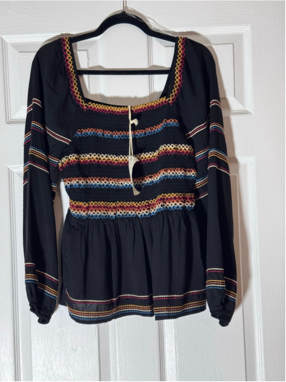 Women's Savannah Jane Black Embroidered Peplum Blouse Size L Multi-color